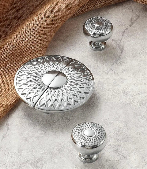 Boss Silver Chrome Furniture Handle Door Knob Set With Brass Round Square Flower Pulls displayed on a textured surface