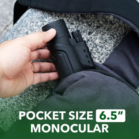 Long Range 10x42 High Powered Monocular For Bird Watching Hunting And Sports Great For Wildlife Viewing Lightweight Pocket Telescope With Bak4 Prism Easy Grip And Vibrant Clarity For Adults Bang For Buck, pocket size 6.5-inch monocular in hand