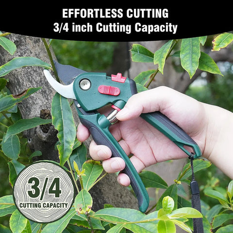 Close-up of pruning shears from Heavy Duty Three Piece Garden Tool Set With Telescopic Aluminum Handles Including Bypass Lopper Pruning Shears And Hedge Shears For Thick Branches Shrubs And Hedges Extendable Reach And Easy Yardwork, cutting branch