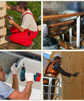 Collage of workers securing wood to steel using drills, showcasing DIY projects with 63 Pieces Size 14 Self Tapping Trailer Deck Screws With Wings Star Head For Wood To Steel Or Aluminum DIY Friendly Fastening On Trailers Flatbeds Heavy Duty 2 Lbs Bulk Pack.