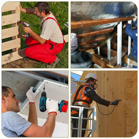 Collage of workers securing wood to steel using drills, showcasing DIY projects with 63 Pieces Size 14 Self Tapping Trailer Deck Screws With Wings Star Head For Wood To Steel Or Aluminum DIY Friendly Fastening On Trailers Flatbeds Heavy Duty 2 Lbs Bulk Pack.