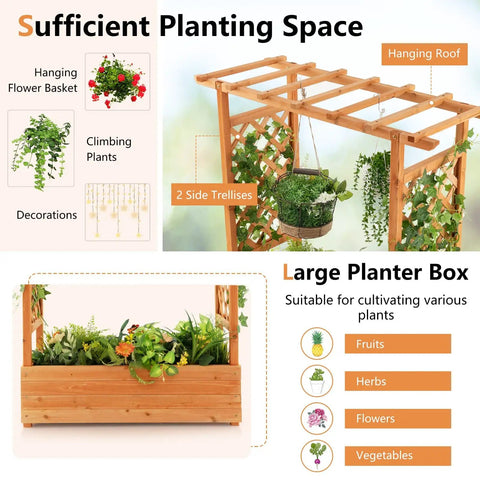 Raised Garden Bed With Arch Trellis for Outdoor Climbing Vines, wood planter box with hanging roof and side trellises