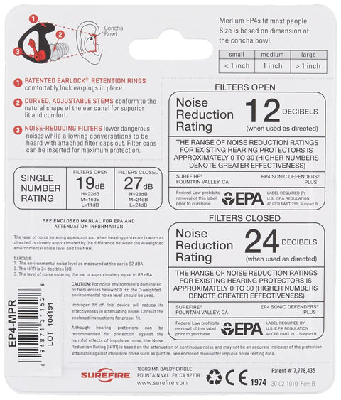 Packaging details for All Day Comfort Triple Flange Filtered Ear Plugs with 24dB NRR and adjustable stems for concerts and travel.