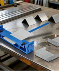 7.87 Inch Steel Bending Brake Manual Sheet Metal Bender on workshop table with bent metal samples