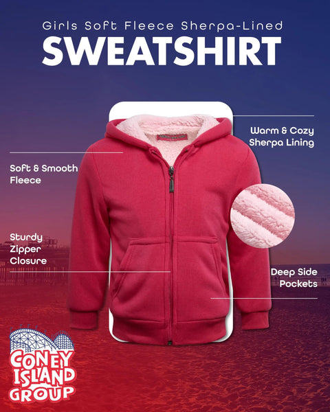 Girls Cozy Soft Fleece Sherpa Lined Zip Up Hoodie For School And Play in fuchsia pink with zipper, size 5-6, easy layering.