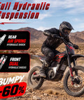 Heavy Duty Electric Dirt Bike With 5500W Mid Drive Motor And 276Nm Torque Shreds Rough Terrain At 55Mph, rider on rough terrain showcasing full hydraulic suspension.