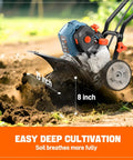 Beast 46cc 4 Cycle Gas Powered Tiller Cultivator with full crank engine demonstrating 15 inch width and 8 inch depth tilling in garden