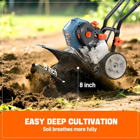 Beast 46cc 4 Cycle Gas Powered Tiller Cultivator with full crank engine demonstrating 15 inch width and 8 inch depth tilling in garden
