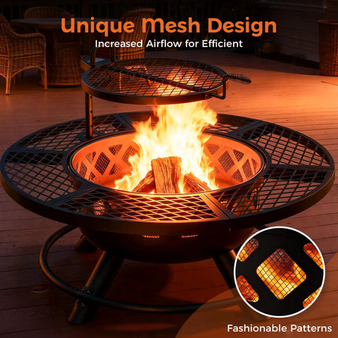 40 Inch Outdoor Fire Pit With Poker And Grill For Patio And Backyard, big wood burning fire pit with spark screen, steel bowl