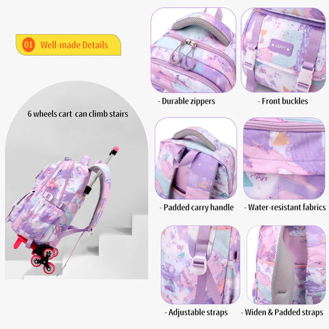 Kids rolling backpack with 6 wheels, durable zippers, front buckles, padded handle, adjustable straps, water-resistant fabric.