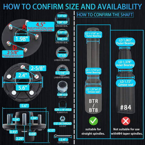 Diagram showing measurements and components of Trailer Hub Kit 5 On 4.5 Inch 2000 Lb Axle 5 Lug Trailer Hub Fits 1 Inch And 1-1/16 Inch Spindles.