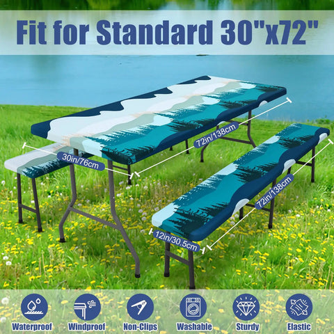 Picnic Table Cover Set With Two Bench Covers For 6 Foot Tables Elastic Spandex Stretch Fit Washable Forest Green 72 Inch