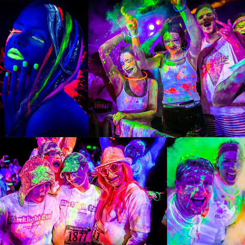 Dope 66ft Black Light LED Strip Kit With 1200 LEDs 385nm-400nm UV Range in use at a vibrant indoor party with neon face paint and outfits