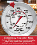 Stainless Steel Deep Frying And Candy Thermometer With Pot Clip, 5 Inch Probe, NSF certified, kitchen close-up.
