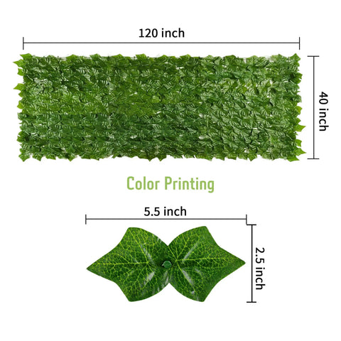 Artificial Ivy Privacy Fence Screen 39.4x118 Inches Expandable Faux Ivy Hedge With 80 Zip Ties, showing dimensions and leaf detail