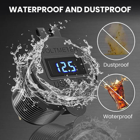 Beefy 12V USB Car Socket With 3 Ports Waterproof Round Aluminum Lighter Outlet showing waterproof and dustproof features.