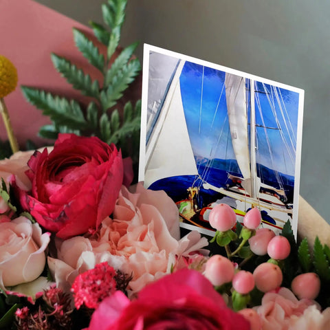 Six Pack Sailing Greeting Cards Featuring Gulet Sailboat Acrylic Art Blank Inside For Your Message Heavy Card Stock That Writes Smooth Smudge Free Envelopes Included Perfect Gift For Boat Heads And Sea Fans on a bouquet