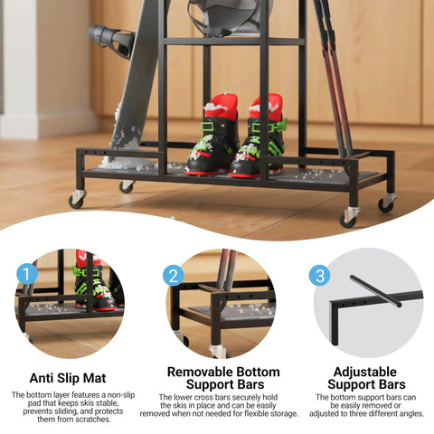 Floor Standing Ski And Snowboard Rack With 3 Tier Shelf Holds Boots Helmets And Packs Drill Free Mount No Sweat Setup Keeps Your Entire Winter Shred Collection Organized