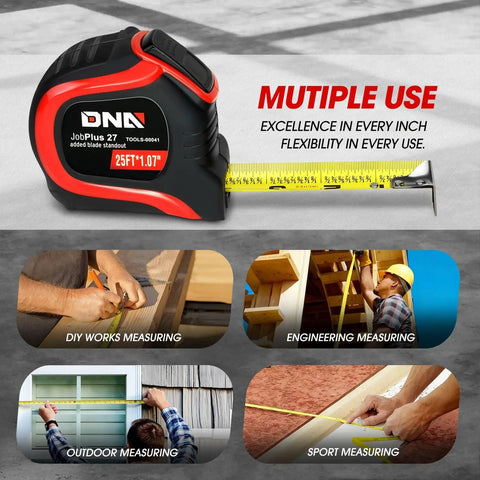 Collage showcasing a DNA tape measure with different uses including DIY, engineering, outdoor, and sport measuring depicted below.