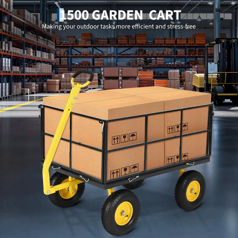 Heavy Duty Steel Garden Cart With 1500 Lb Capacity loaded with boxes in a warehouse setting