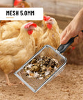 2 Pack Heavy Duty Chicken Poop Scooper With Dual 3.8mm And 5mm Mesh Sizes, Metal Coop Rake And Scoop Tool For Cleaning Poop, Sand Sifting, Litter, And Chicken Bedding. 5mm mesh scoop in chicken coop