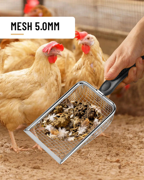2 Pack Heavy Duty Chicken Poop Scooper With Dual 3.8mm And 5mm Mesh Sizes, Metal Coop Rake And Scoop Tool For Cleaning Poop, Sand Sifting, Litter, And Chicken Bedding. 5mm mesh scoop in chicken coop
