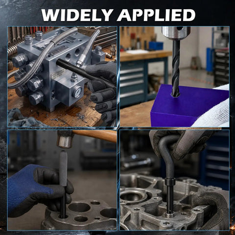 Top Shelf Sae Thread Repair Kit With Hss Drill Bits And Iron Tough Taps shown in use for engine repair and metal fabrication.