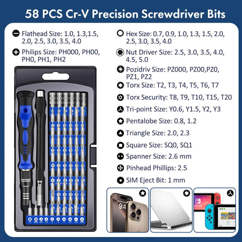62-In-1 Precision Screwdriver Kit With 58 Magnetic Bits, Flexible Shaft, Extension Rod for Electronics Repair, product packaging shown