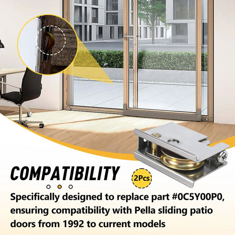 Sliding Patio Door Rollers 2-Pack For Pella Doors, 1-1/2 Inch Steel Ball Bearing, Adjustable shown with sliding doors