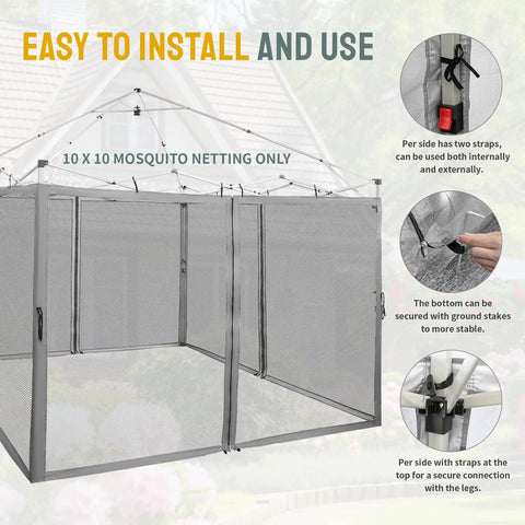 Mosquito Net For 10x10 Gazebo Pop Up Canopy With Zipper Mesh Sidewalls installed, showing easy installation and durable design.