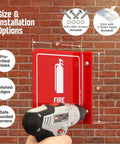 Fire Extinguisher Projecting Sign With Down Arrow 6 Inch Polished Acrylic Visible From Both Directions L Bend Wall Mount 120 Mil High Impact Signage For Hallways Durable Fire Safety Indicator being installed on brick wall using a drill.