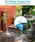Various garden water features with Solar Fountain Pump 12W With 160GPH Flow, submersible pump detail shown.