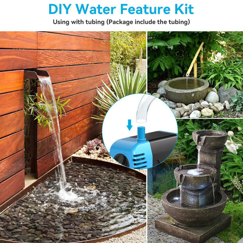 Various garden water features with Solar Fountain Pump 12W With 160GPH Flow, submersible pump detail shown.