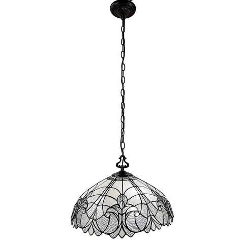 Retro Style Stained Glass Pendant Light With 18 Inch White Shade Two Light Fixture For Living Room Dining Room Kitchen Game Room Or Restaurant Decor LED Compatible 50 Inch Max Height, chain view