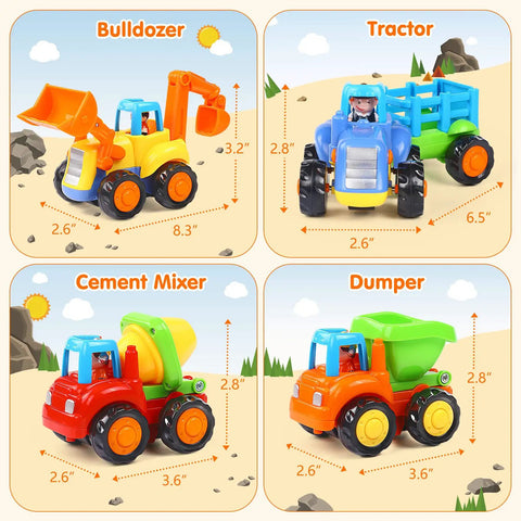Inertia Friction Powered Construction Vehicle Set Push And Go Toys Four Pack Kid Friendly For Toddlers And Kids with bulldozer, tractor, cement mixer, and dump truck.