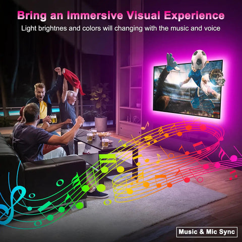 RGB TV Backlight Strip Lights For 45 To 60 Inch TVs, 13.1ft Long, Music Sync, illuminating TV with colorful lights on wall