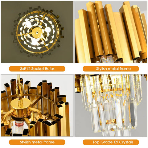Modern 3 Light Crystal Pendant Chandelier with gold frame and K9 crystals, view of E12 bulbs and metal frame in detail.