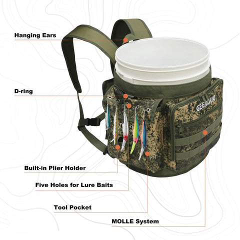Five Gallon Bucket Backpack With Rod And Pliers Holder And Multiple Pockets For Fishing, Hunting, And Apple Picking In Camouflage