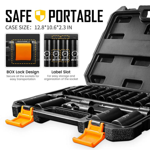 One Half Inch Drive Deep Impact Socket Set, 20 Piece CR V Steel Metric Sockets 10mm Through 24mm in carrying case with lock