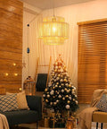 Plug In Pendant Light With Smooth Dimmable Switch And Handwoven Boho Rattan Shade Solid Hemp Rope Hanging Lamp Plug And Play For Chill Bedroom Kitchen Living Room Vibes, glowing above cozy living room with Christmas tree.