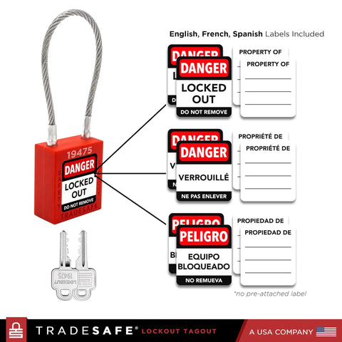 Lockout Tagout Steel Cable Locks With Keys 10 Red Keyed Alike Electrical Lockout Padlock Set With 2 Keys Per Lock Premium Grade LOTO Locks OSHA Compliant shown with multilingual labels.