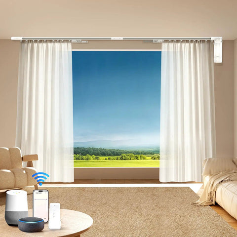 Smart Electric Curtain Track System For Windows 20 To 165 Inches With Remote Control Motorized Opener Voice Activated With Alexa Google Home Tuya Smart Life App Compatibility Scheduling And No Hub Needed installed above white curtains