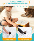 Child using Kids Safe Cardboard Cutter Tool For DIY Projects And STEM Craft with pet nearby, detail of safe blade design shown