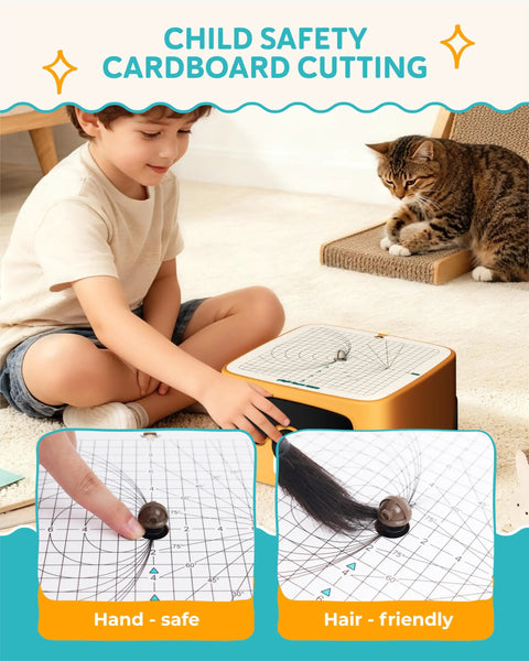 Child using Kids Safe Cardboard Cutter Tool For DIY Projects And STEM Craft with pet nearby, detail of safe blade design shown