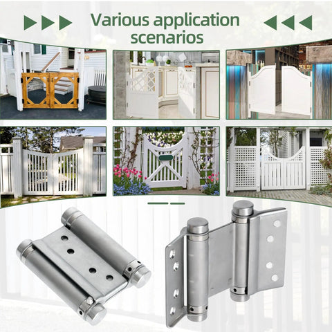 Image showing installation examples and close-up of Four Pack Double Action Spring Hinges For Self Closing Doors 3 Inch Stainless Steel 201 Includes Pins And Screws Great For Cafe Saloon Pub Swinging Doors.