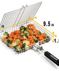 Stainless Steel Grill Basket For Outdoor Grilling Large Portable Rack with vegetables, removable anti-slip handle, heavy duty accessory.