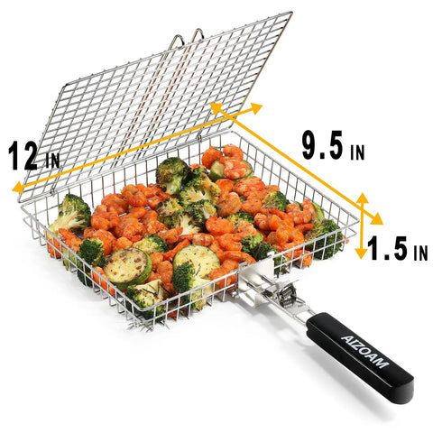 Stainless Steel Grill Basket For Outdoor Grilling Large Portable Rack with vegetables, removable anti-slip handle, heavy duty accessory.