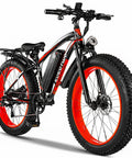Red Electric Mountain Bike For Adults 1500W Peak Motor 26 Inch Fat Tire E Bike, side view with removable battery and dual disc brakes