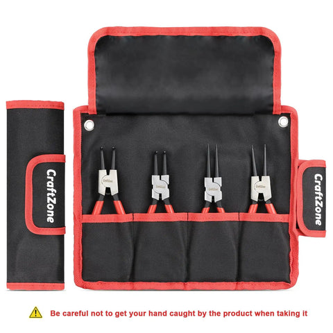 4 Piece Snap Ring Pliers Set With Internal And External Circlip Pliers in black and red case, heavy duty carbon steel, 7 inch, comfort grip