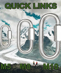 Fifty 2 Inch Chain Quick Links Set M5 Galvanized Steel Carabiner Clips with M8 and M10 sizes in mountain landscape background